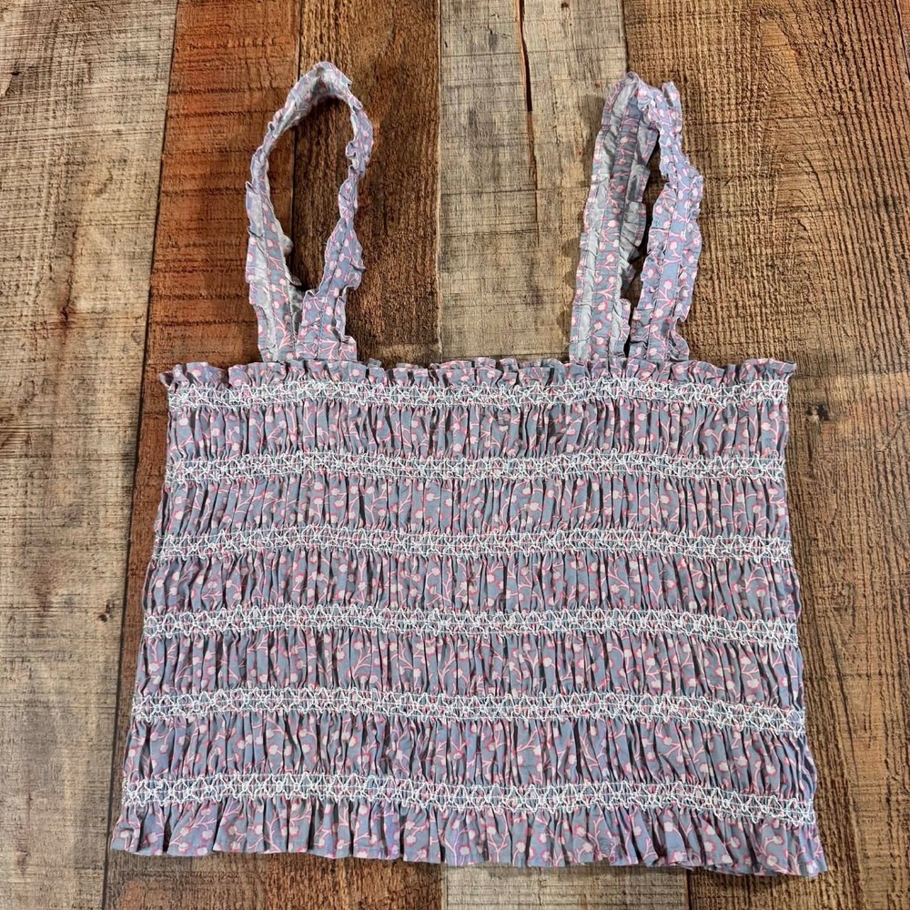 French Connection Blue Pink Floral Smocked Crop Top Ruffle 6 Coquette Girly